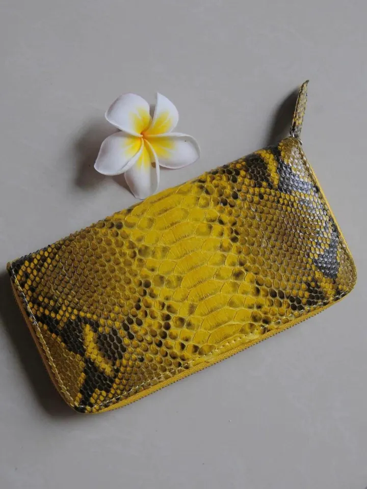 Wallet genuine python skin yellow snake color, women wallet, leather lady wallet, classic zip wallet, designer wallet handmade, money wallet