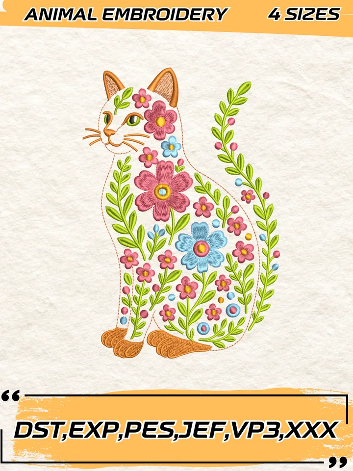 Cat Flower Embroidery Design,Animal Embroidery Design, Cat Design,4 Sizes,Digital Download