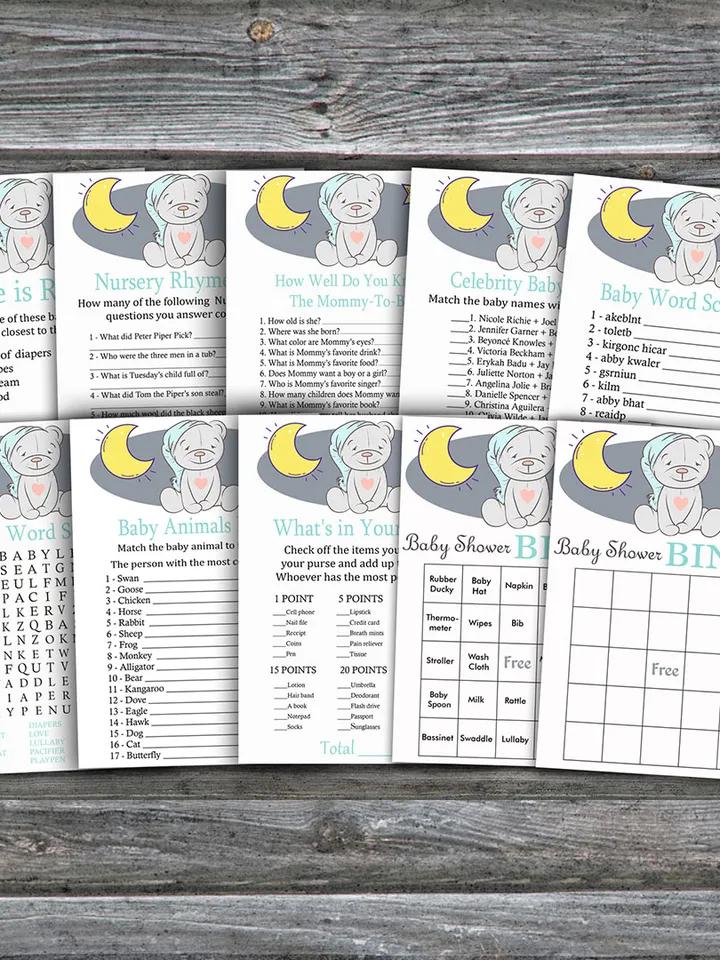 Teddy bear baby shower games bundle,Bear Baby Shower games package,Fun Baby Shower Games,9 Printable Games-286