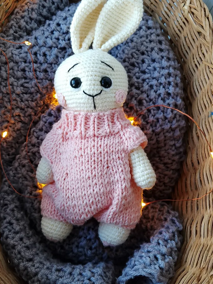 Stuffed bunny toy in pink clothes for nursery gift. Handmade Organic baby toys. Plush toys for baby