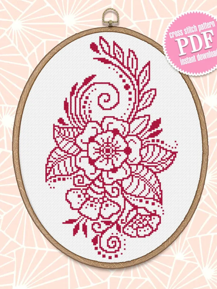 Monochrome floral cross stitch pattern download PDF, Flower mandala cross stitch, Modern beginner stitch, Floral ornament embroidery #M135