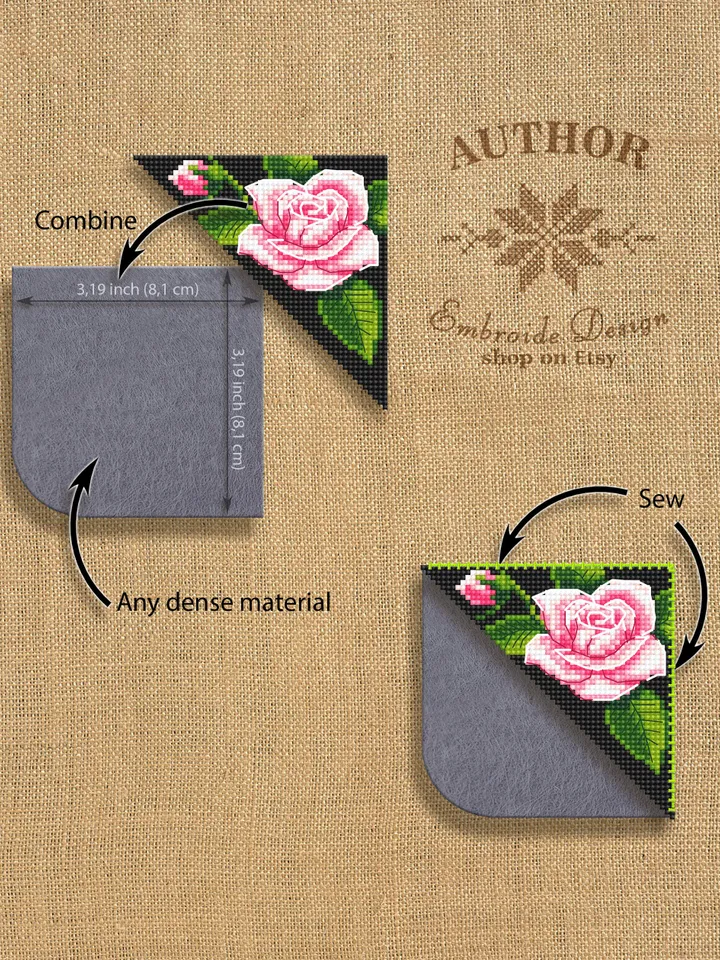 Corner bookmark cross stitch pattern PDF download Pink rose cross stitch chart Floral bookmark corner digital PDF Pink flowers pattern #B214
