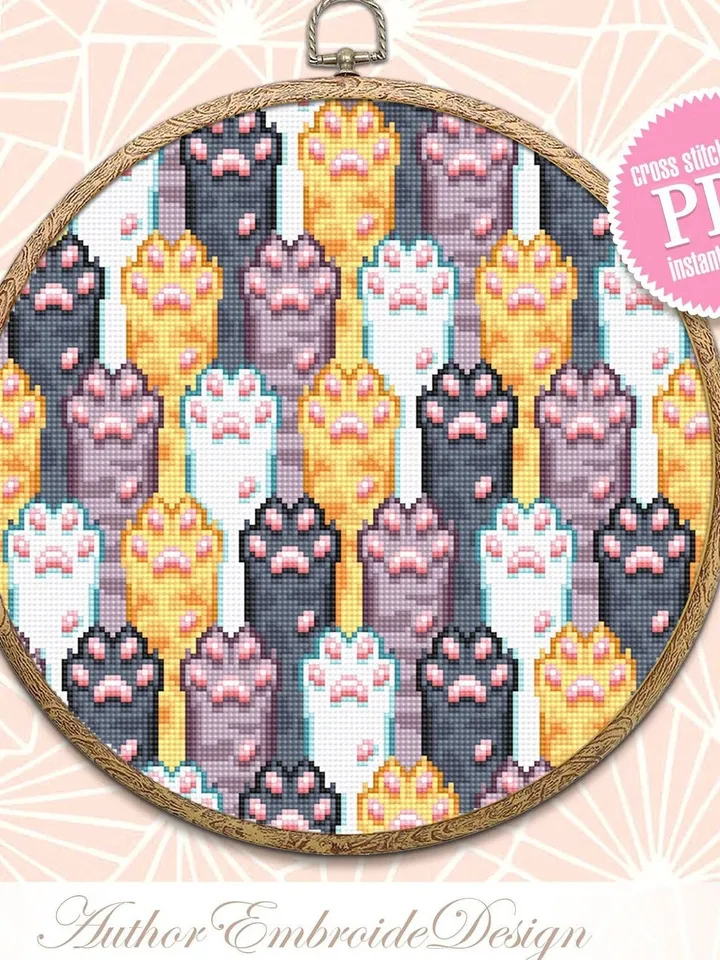 Funny cat paws cross stitch pattern PDF download Cute cat cross stitch chart, Cat lover gift, Cat art cross stitch, Hand embroidery PDF #K17