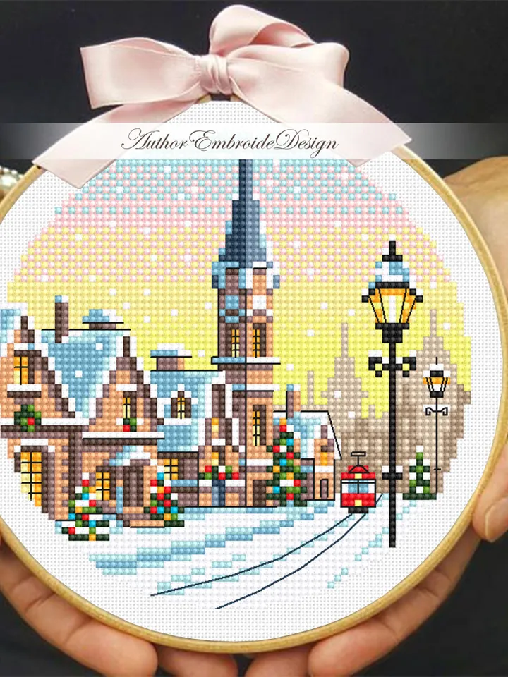 Christmas city cross stitch pattern PDF download Winter landscape cross stitch, Christmas pattern digital PDF, Snow pattern beginner #N178