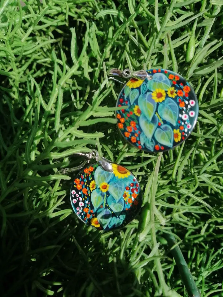 Pearl earrings: Garden flowers and Sunflower hand painted on green mother of pearl earrings • Elegant handcrafted jewelry • Stylish art gift