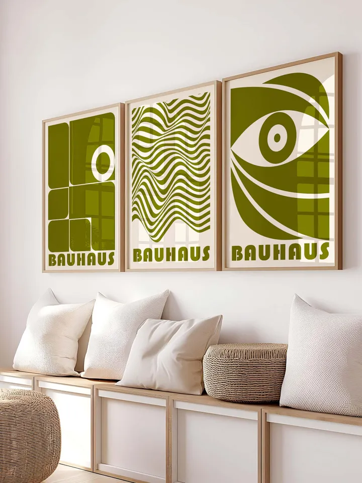 Geometric Print, Bauhaus Wall Art Set of 3, Minimalist Posters, Modern Mid-Century Decor