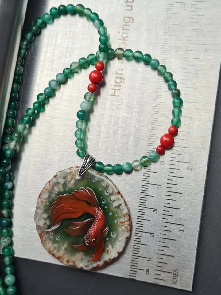 Necklace Siamese cockerel fighting fish Hand painted Christmas Gift Wrapping