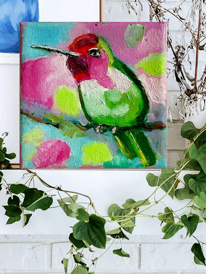 Hummingbird Painting, Bird Original oil Painting on Canvas, Wildlife Art, Miniature Artwork 4"x 4"