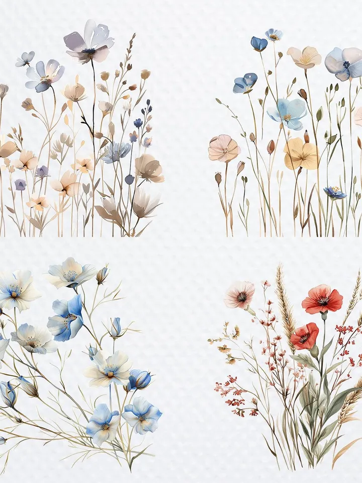 20 Boho Flowers Bouquet PNG Bundle, Minimalistic Flowers Printable Watercolor clipart for sublimation, Wall Art, crafting, junk journals