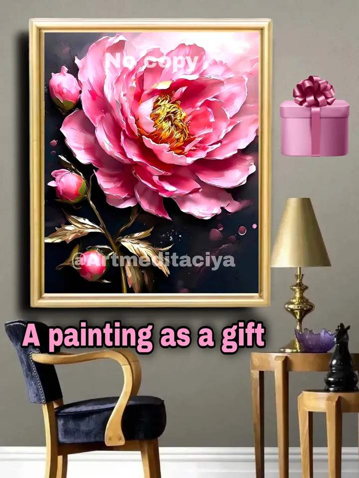 Modern digital painting "Luxury Peony" is an interior painting of a pink peony with buds on a dark contrasting background in the style of oil painting as a gift for getting to know me