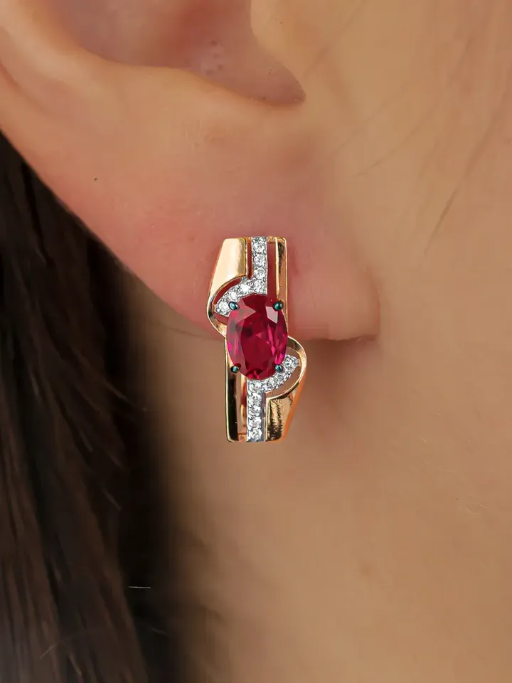 Earrings jewelry Silver gold plated 925 assay value with corundum ruby