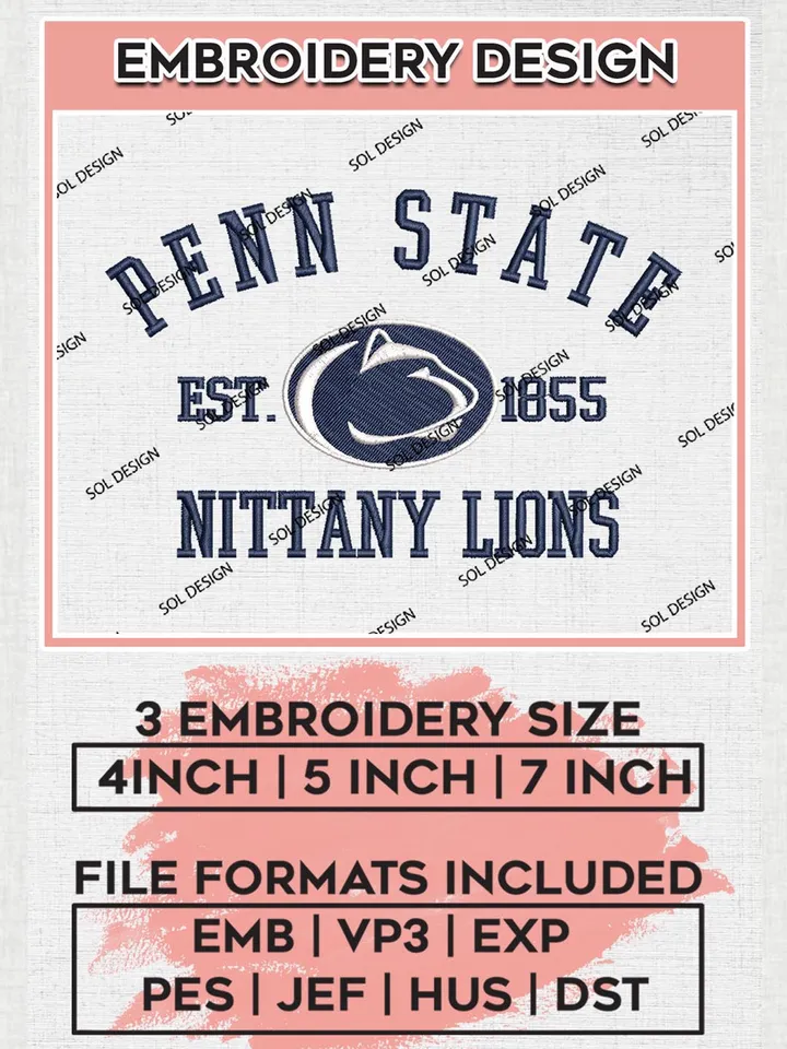 Penn State Nittany Lions Est 1855 Embroidery Designs, NCAA Penn State Nittany Lions Team Embroidery, NCAA Team Logo, 3 sizes, Machine embroidery Files, Digital Download
