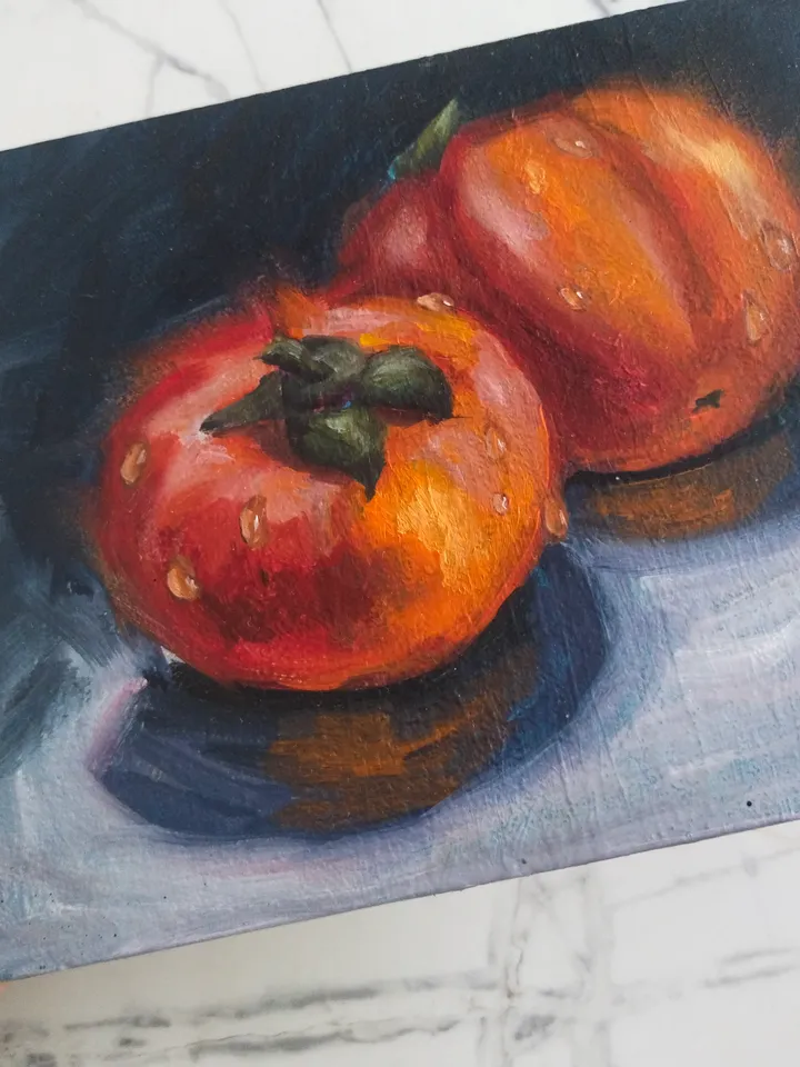 Original persimmon oil painting, Bright Fruit with water drops miniature art, Small fine art on panel