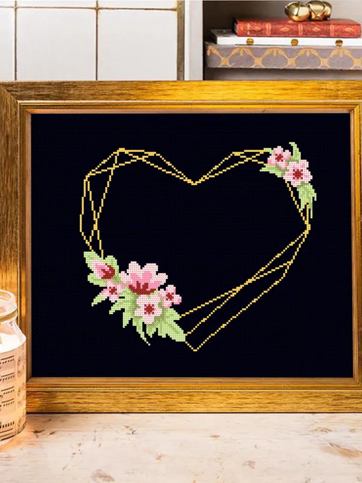 Floral heart frame cross stitch pattern download PDF Your text here, Wedding cross stitch, Valentine stitch, Flower wreath cross stitch #Y5