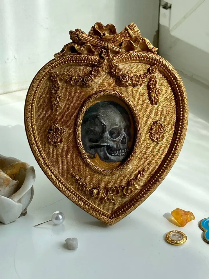 Tiny Skull Oil Painting Original In Vintage Style Frame Small Framed Still Life Art