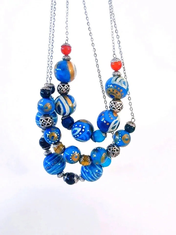Jewelry Set Hand-painted Boho Style Eclectic Blue Bracelets and Beads