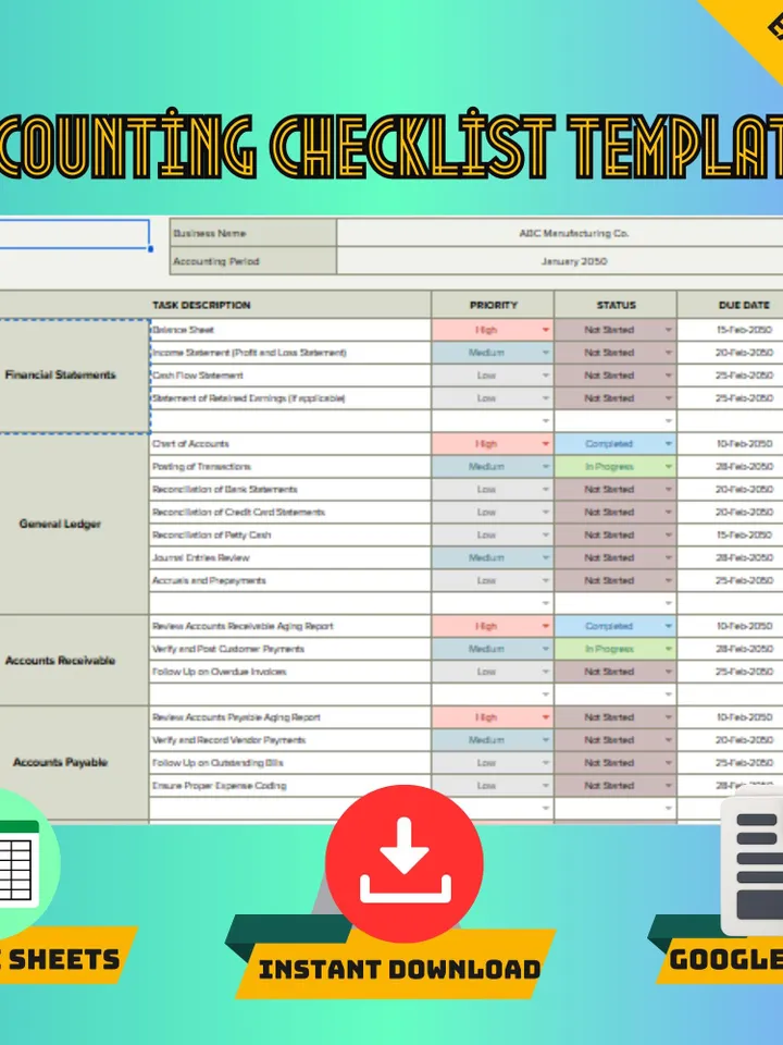 Accounting Checklist Template, Google Sheets Financial Checklist, Digital Download, Easy-to-Use Monthly & Year-End Accounting Tasks