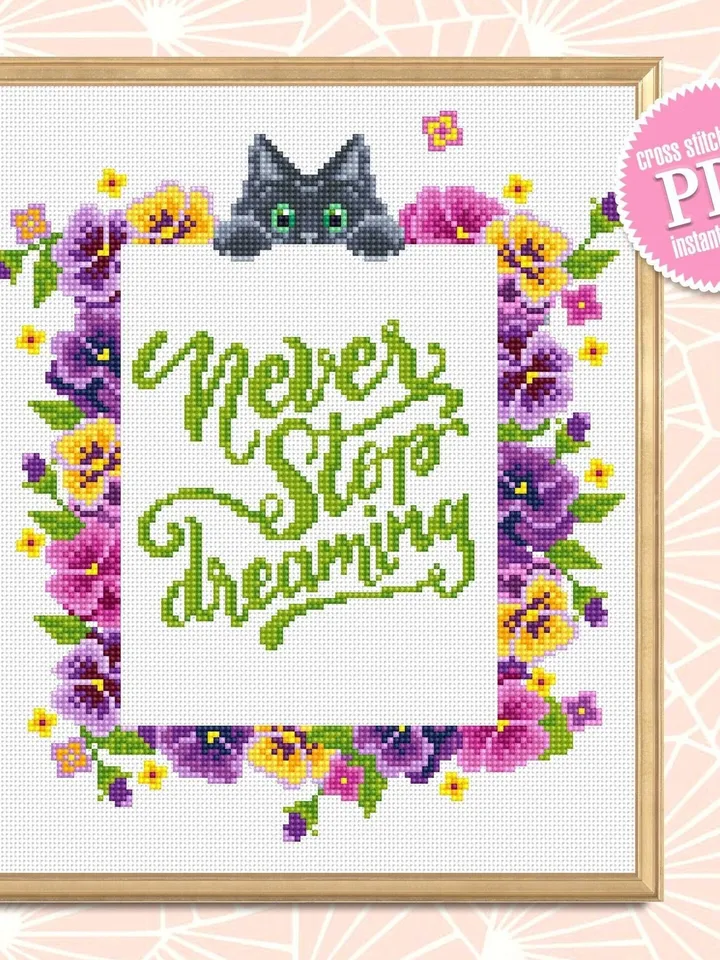 Floral frame cross stitch pattern PDF download Never stop dreaming quotes cross stitch chart, Flower border pattern digital PDF Pansy #Q18