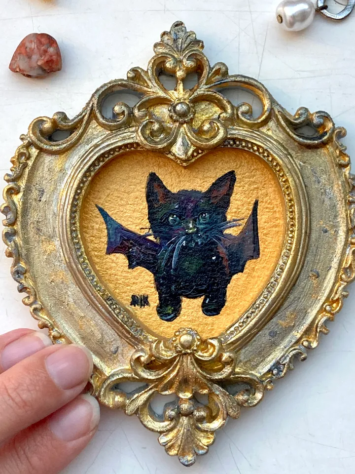 Bat Painting Small Framed Art Goth Painting Bat Gifts, Mini Gold Framed Decor, Cat Bat, Black Cat Art, Tiny Art Whimsigoth Decor