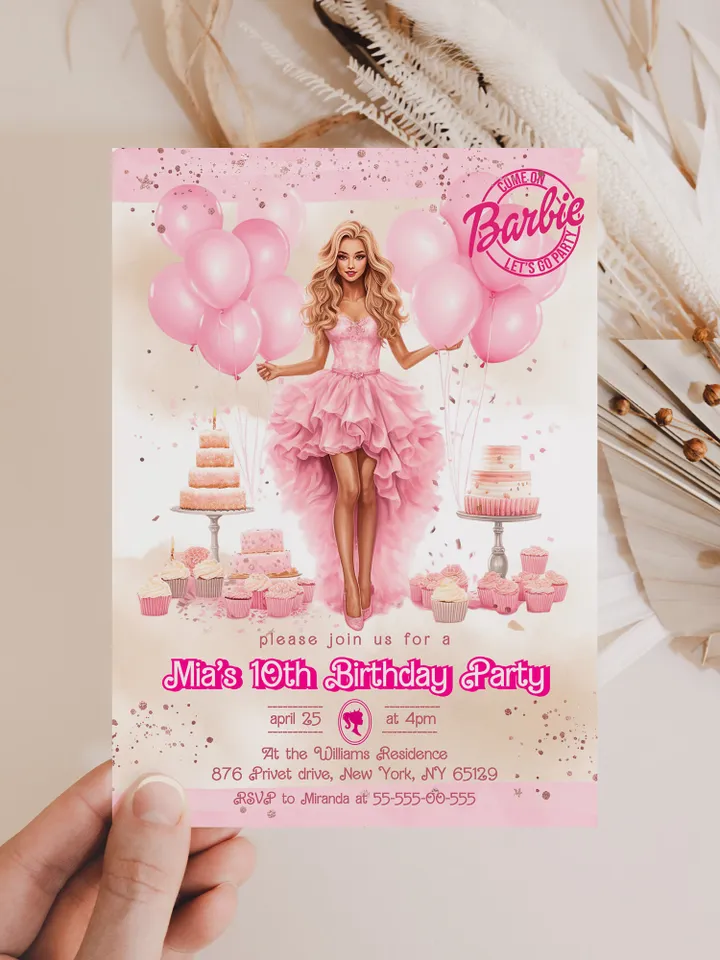 Doll Party Birthday Invitation; hot pink doll party birthday invitation editable template; cute doll girl birthday party bar12