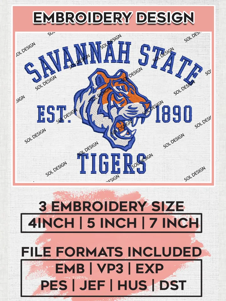 NCAA Savannah State Tigers Team Est 1890 Logo Embroidery Design Files, NCAA Savannah State Tigers Machine Embroidery, NCAA Teams, 3 sizes, NCAA Machine embroidery designs, Digital Download