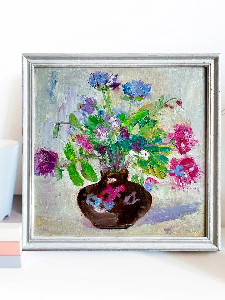 Flower Painting, Framed Original Oil painting, Wildflower Wall Art, Colorful Floral Art