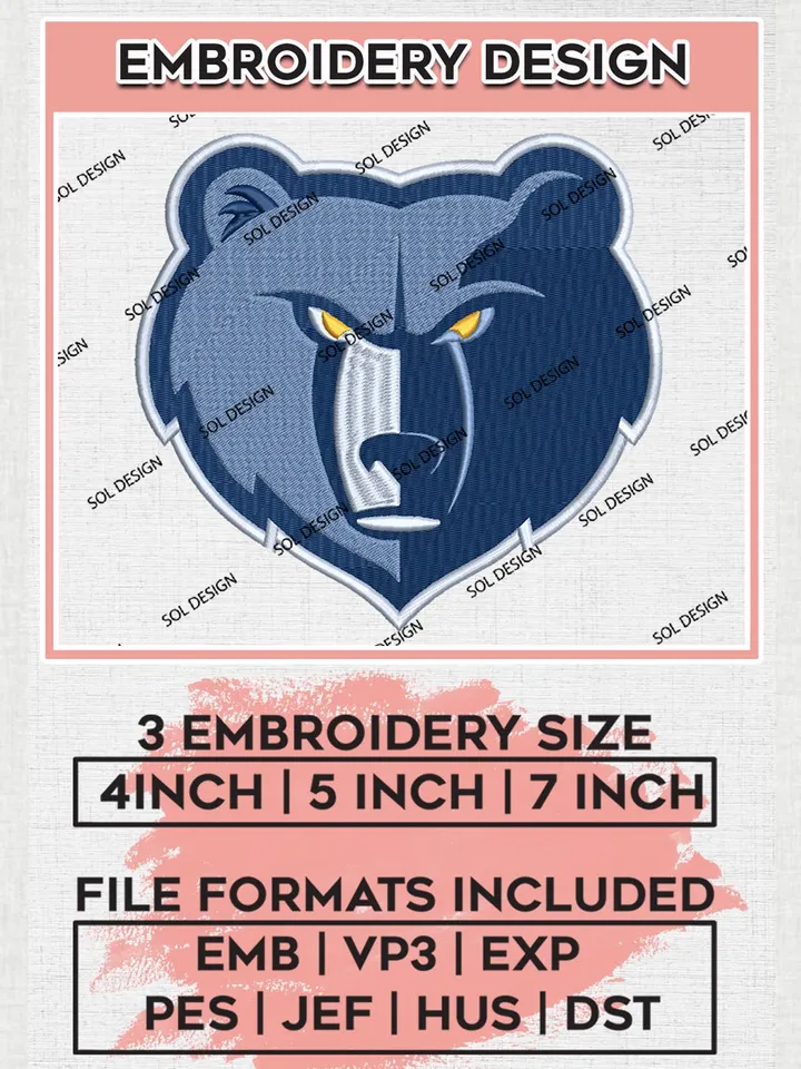 Memphis Grizzlies Embroidery Designs, NBA Grizzlies Logo Embroidery Files ,Southwest ,NBA Machine Embroidery Design File, Digital Files, Digital Download