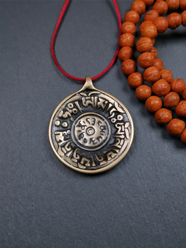 Gandhanra Vintage Tibetan Buddhist Amulet,Om Badge Pendant, Mantra of Om Mani Padme Hum, Made of Lima Brass,1.58&quot;