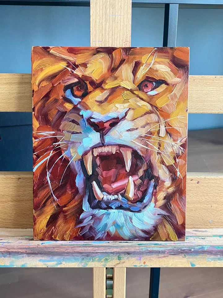 Lion Painting Original African Animal Artwork Oil On Panel 8x10 Inches Wildlife Wall Art