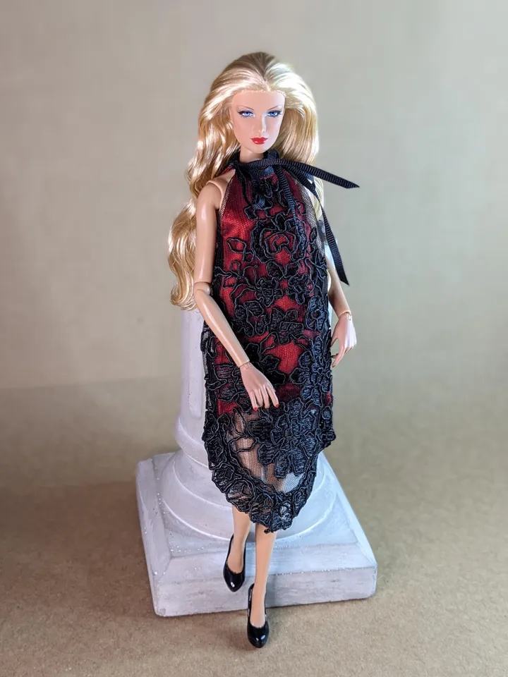 Handmade black & red lace dress for 13-inch fashion dolls