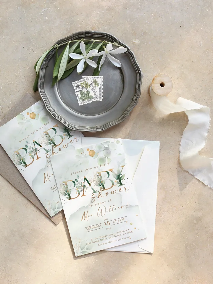 Greenery Baby Shower Invitation Template; Botanical Baby Shower; Green Gold Leaves Baby Shower Invite; Eucalyptus Baby Shower original