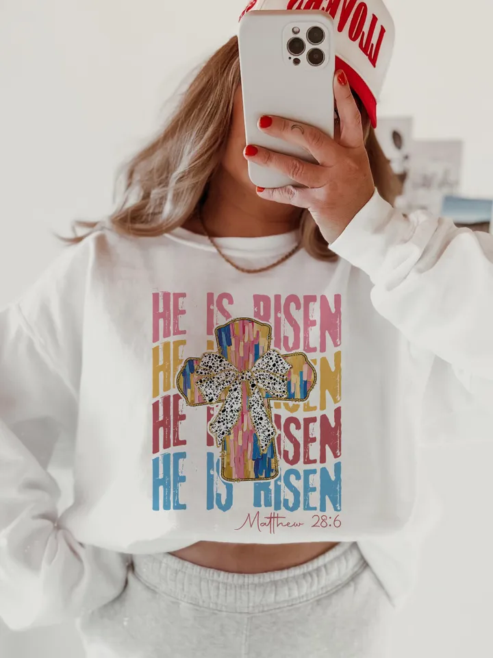 He is Risen png, Christian Easter Png, Matthew 28:6, Easter bible verse png, Risen png, Glitter Easter png, Easter coquette png, brushstroke
