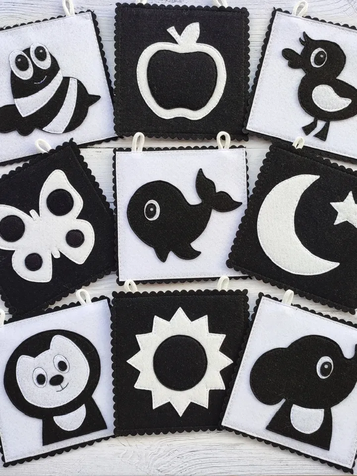 High Contrast quiet book pattern , Infant Stimulation Contrasting Pattern, Black and white felt cards for baby svg, Montessori newborn pdf