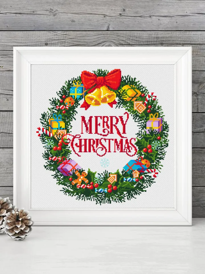Merry Christmas cross stitch pattern download PDF Christmas wreath cross stitch Christmas pattern digital Winter holiday embroidery PDF #N20