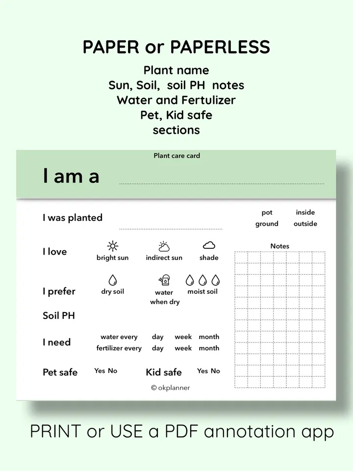 Printable Plant Care Card – Track Watering, Sunlight & Soil for Healthy Plants! Garden care printable. Houseplant care cards. Plant maintenance log. Gardener’s & Plant Lover’s gift. Printable plant tracker. Garden organization tool. Flower care tracker.