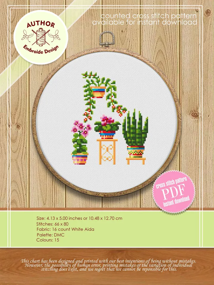 Home plants cross stitch pattern download PDF, Floral cross stitch chart, Small embroidery beginner, Potted plants digital pattern PDF #P6