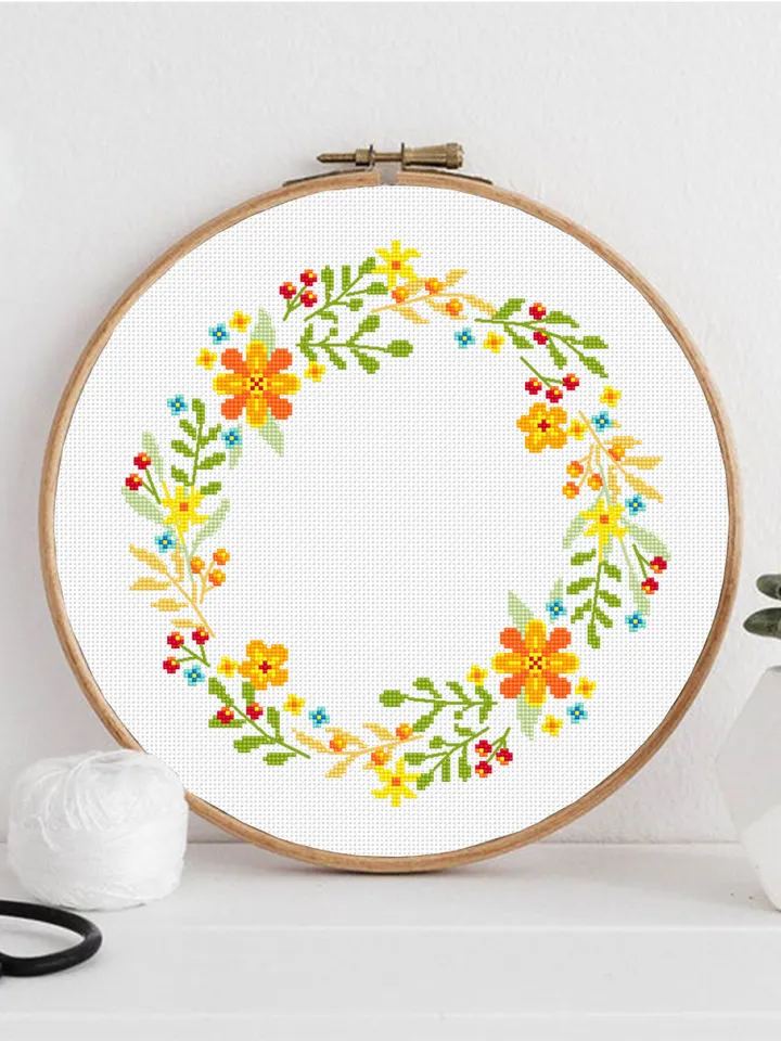 Flower wreath cross stitch pattern PDF download Floral frame cross stitch chart, Flower border hand embroidery, Flowers hoop art design #Y4