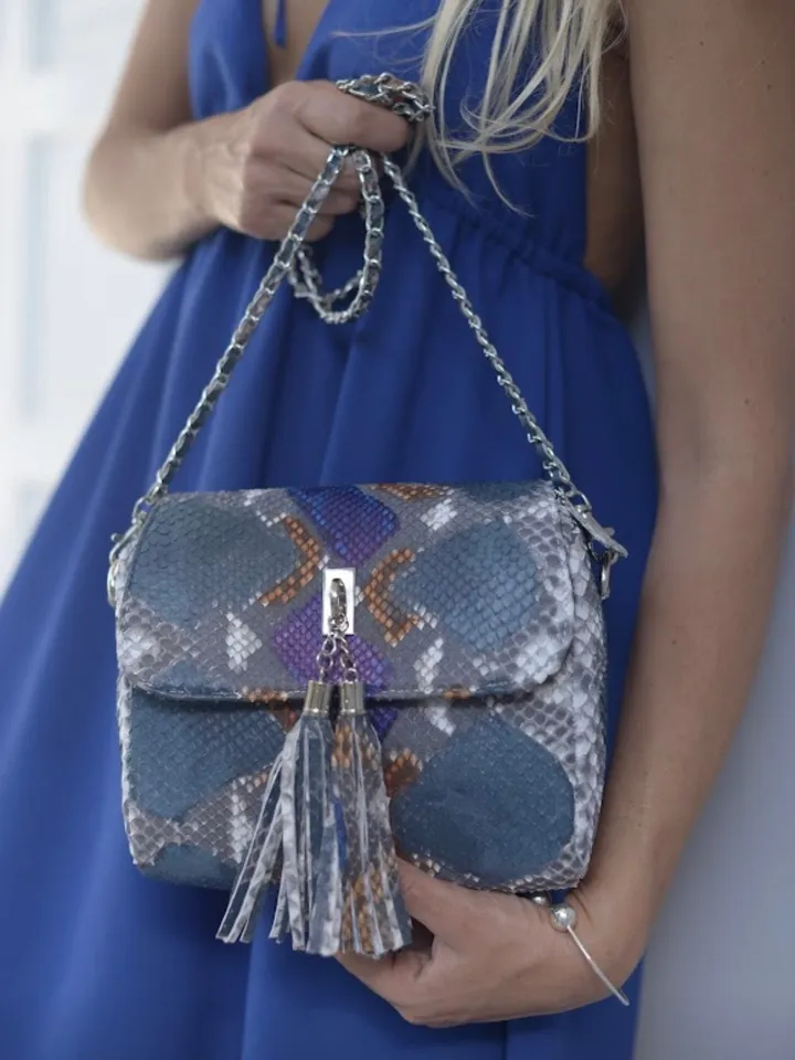 Genuine python skin crossbody multicolor turquise tassel women bag | Designer leather snakeskin bag | exotic leather bags free shipping