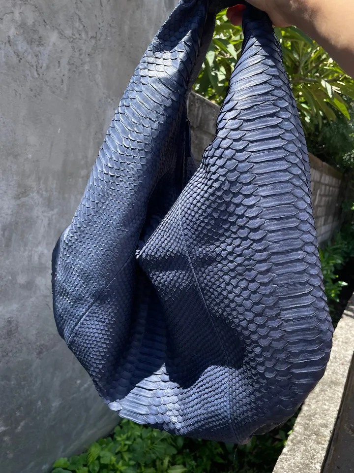 Big Soft Hobo Classy Sport Woman Bag | Purse Genuine Python Skin | Python Skin Products | Blue Big Elegant Leather Designer Soft Bag Snake