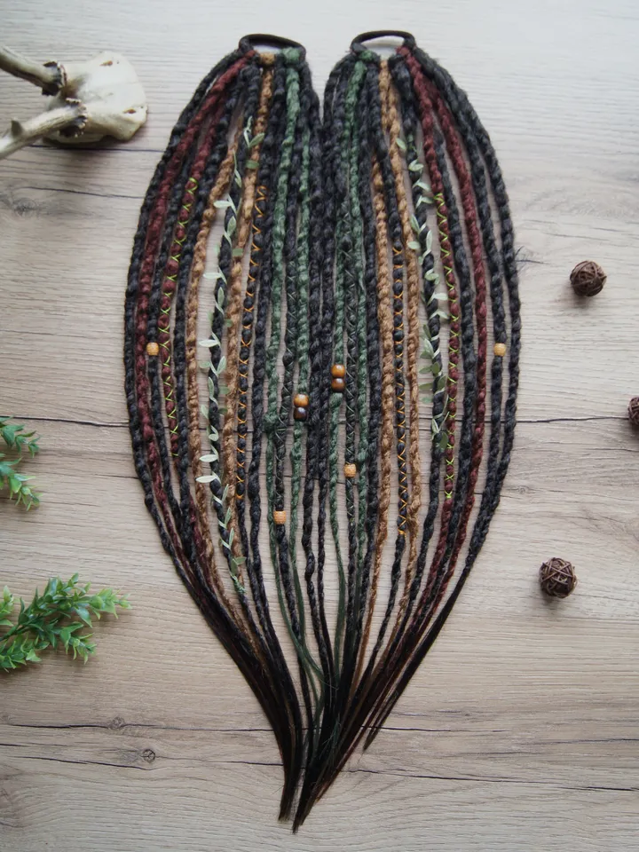Dreads on hairband, Forest witch kit, Ponytail brown green red synthetic Dreadlocks extensions, bohemian boho style, Wig Hair Falls, cosplay