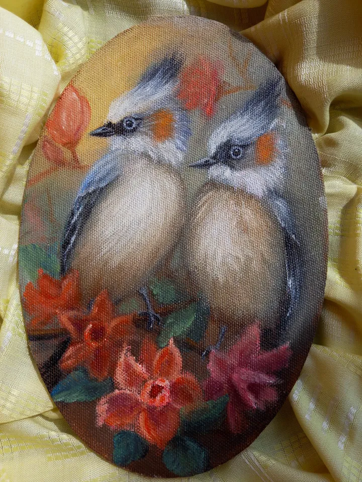 Bird original oil painting with a frame 25x35 cm