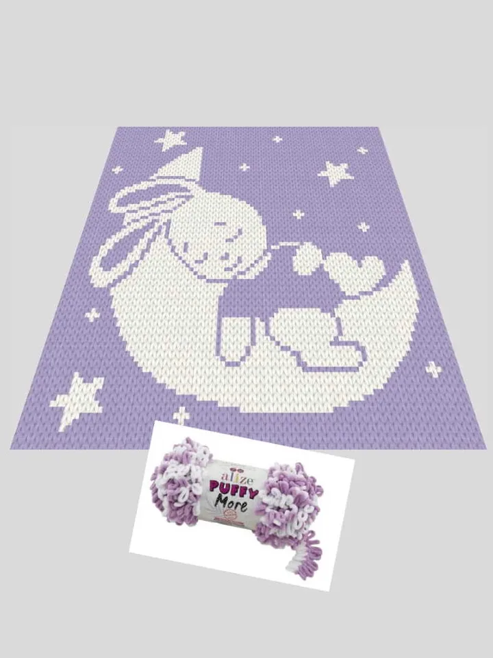 Loop yarn Finger knitted Sleeping Bunny on the Moon blanket pattern