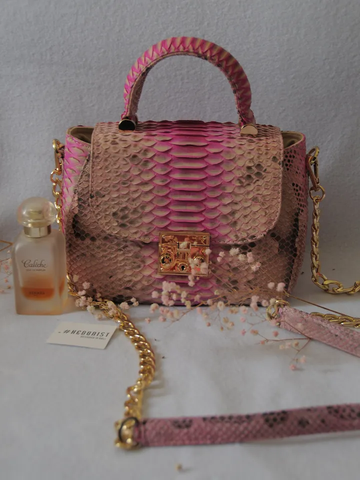 Genuine python top handle bag / designer bag / exotic leather bag / baby pink multicolor summer bag / snake print designer classy purse