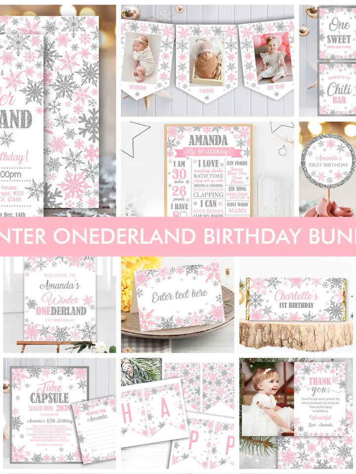Winter Onederland Birthday Girl Decorations, Winter Onederland Birthday Party Package Bundle, Pink Silver Snowflakes Editable Template