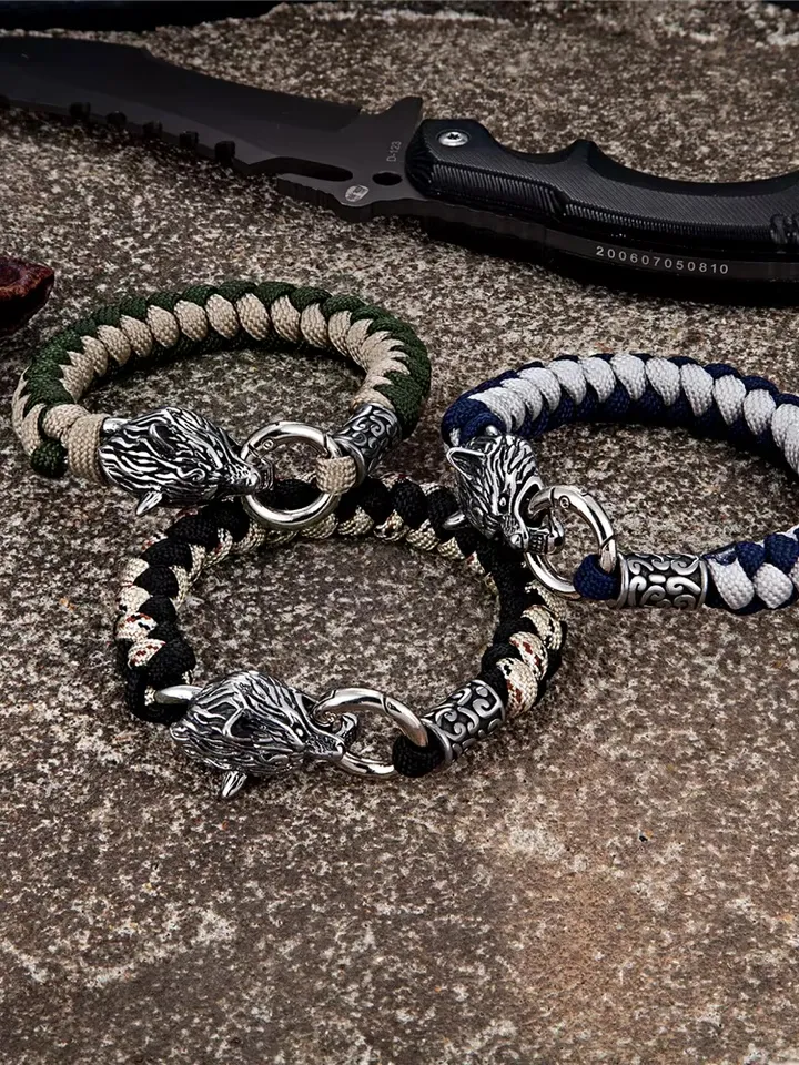 Stainless Steel Wolf Head Nordic Handmade Paracord Bracelet