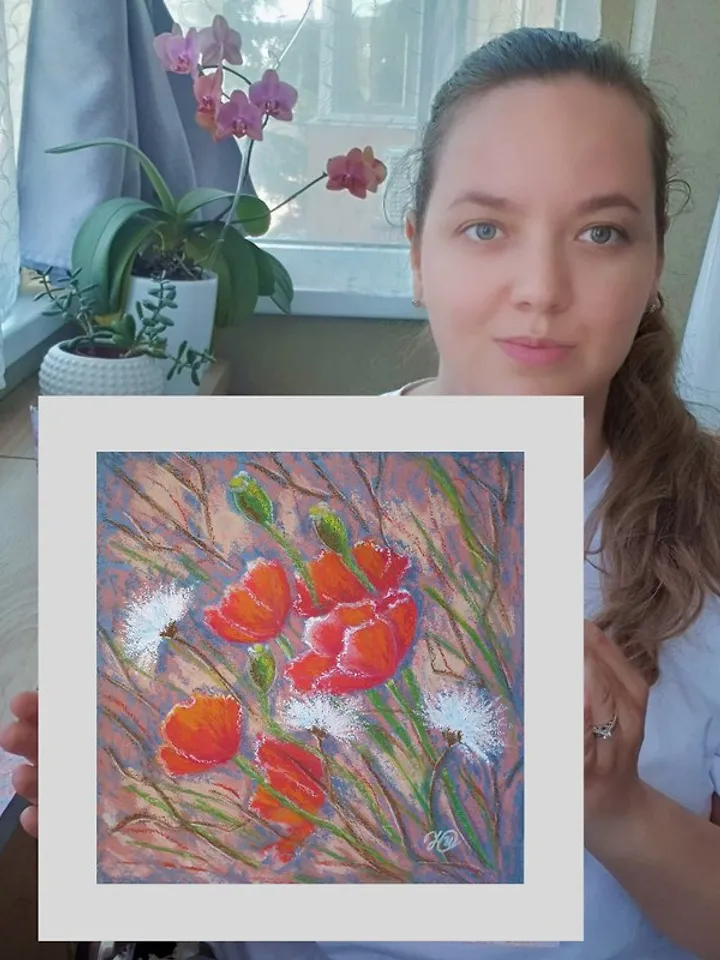 Red Poppies Painting Wildflowers Original Art Meadow Drawing Oil Pastel Painting