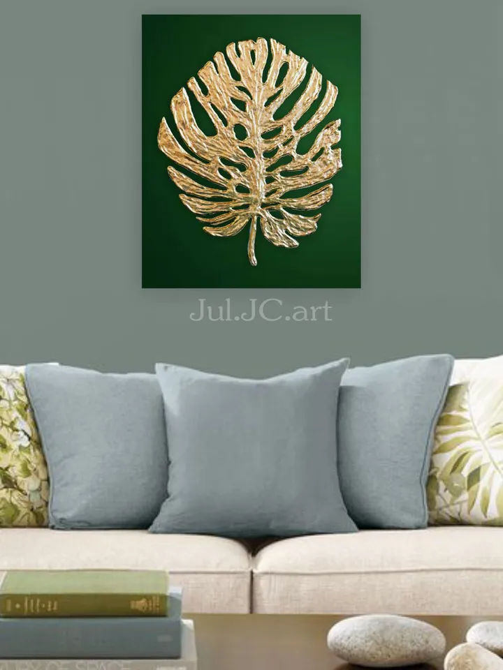 Gold Monstera Leaf Wall Art Green and Gold Abstract Painting Original artwork Modern wall decor