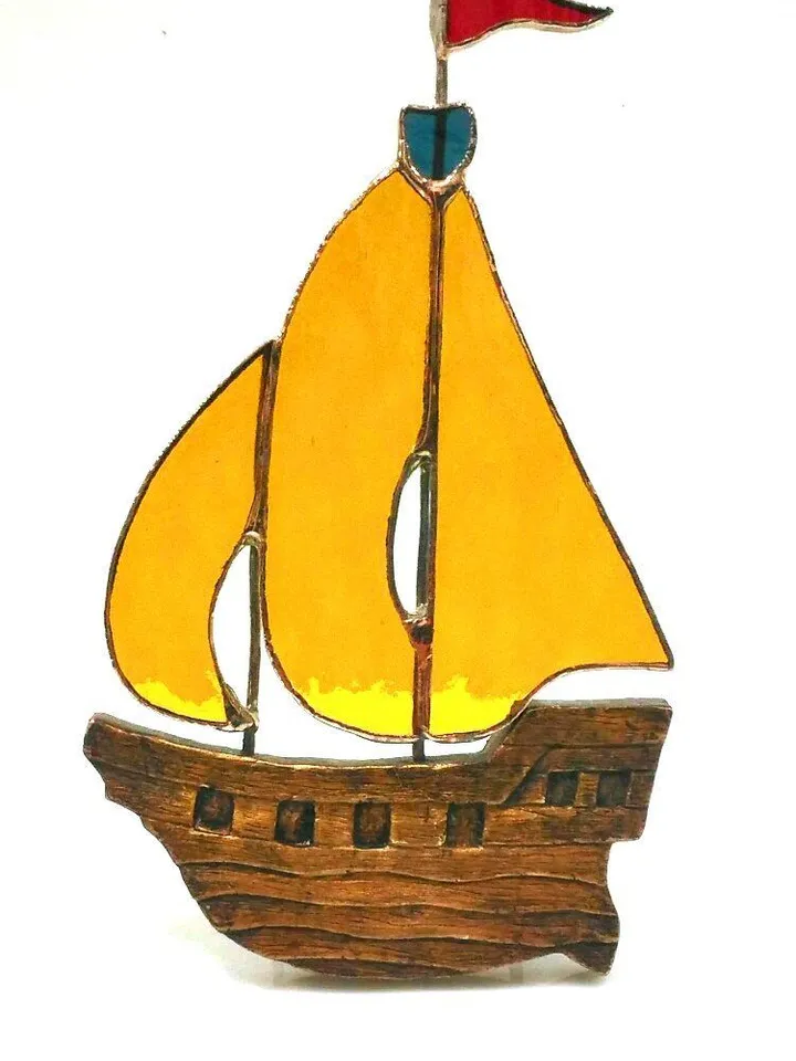 Tiffany Stained Glass: Sailboat, Tiffany Stained Glass Boat, Handmade Stained Glass Sailboat, Small Glass Ship in Tiffany Style, Decorative Glass Boat Figurine, Stained Glass Nautical Keepsake