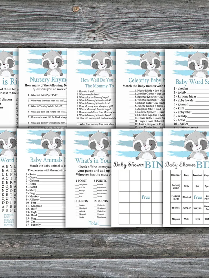 Woodland baby shower games bundle,Raccoon Baby Shower games package,Fun Baby Shower Games,9 Printable Games-320
