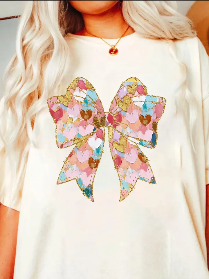 Colorful Coquette gold glitter bow png girls easter coquette design dtf easter girls png kids spring design bow acrylic brushstroke